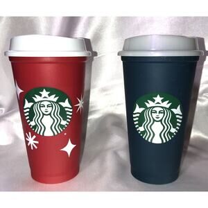 Starbucks Reusable Travel Cups & Lid Holiday Cheer Red & Regular Blue Lot of 2